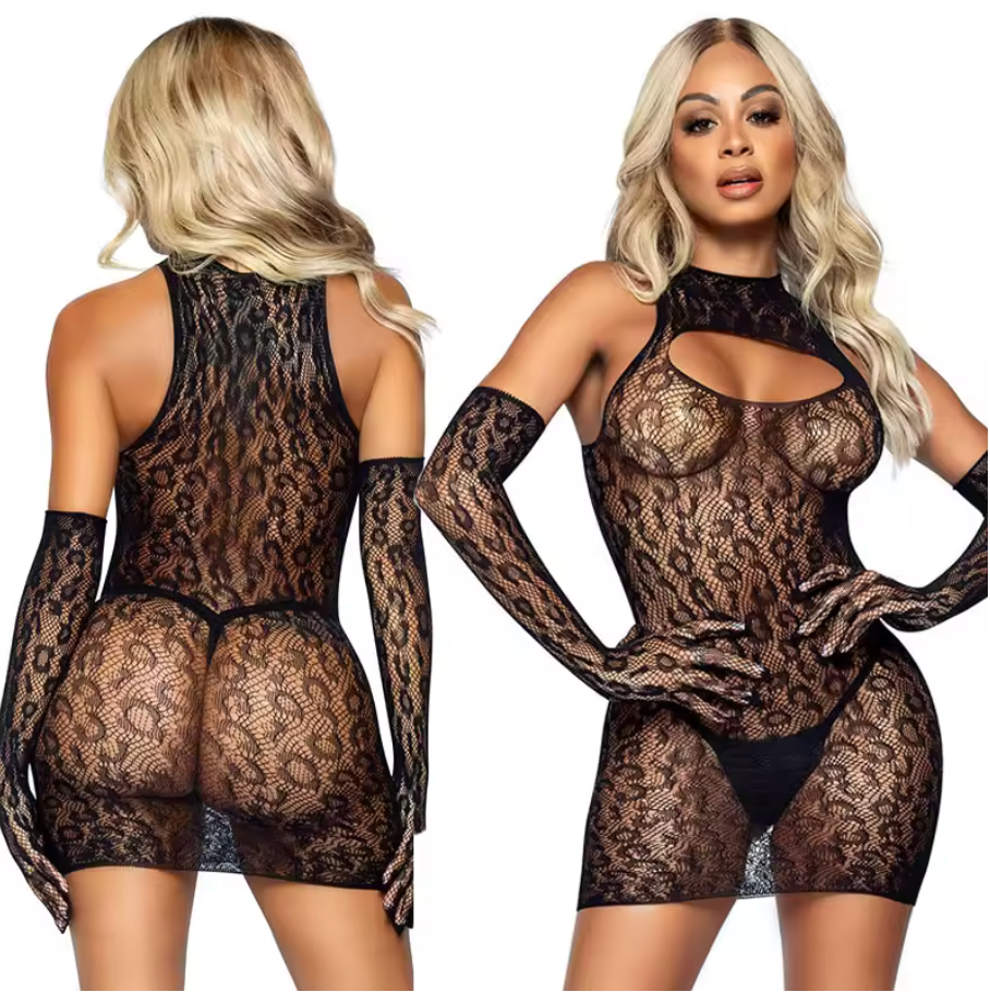 Front and back view of a woman wearing a black sheer lace lingerie dress with matching lace gloves on a white background