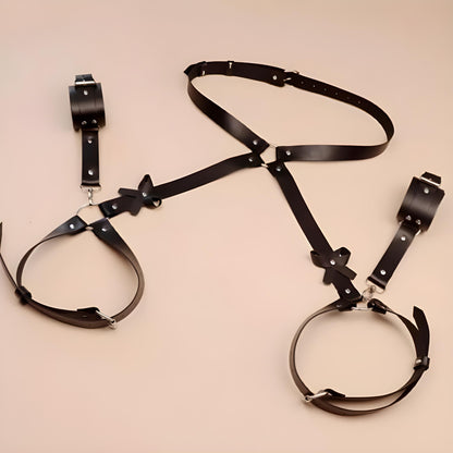 Black body harness with wrist cuffs laid flat.
