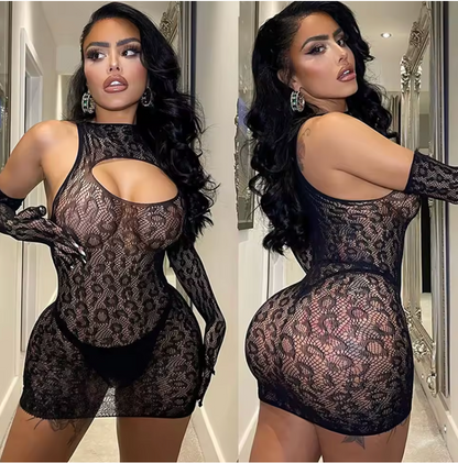 Front and back view of a woman wearing a black sheer lace lingerie dress with matching lace gloves