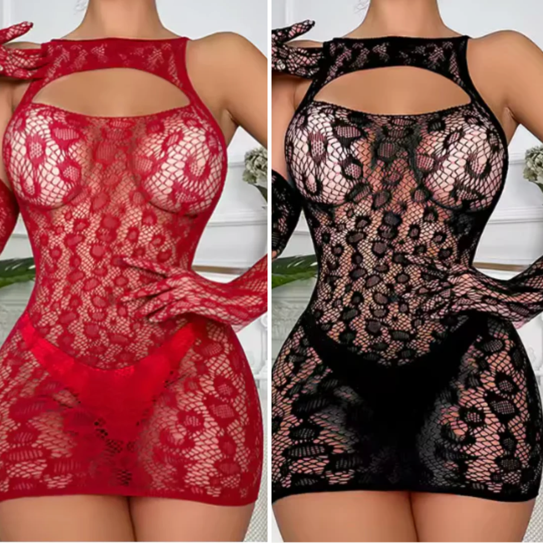 Comparison of the red and black sheer lace lingerie dress with matching lace gloves