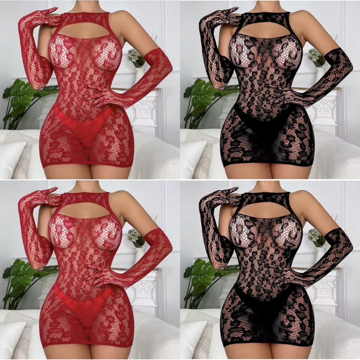 Grid showing the red and black sheer lace lingerie dress with matching lace gloves
