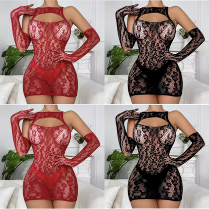 Grid showing the red and black sheer lace lingerie dress with matching lace gloves