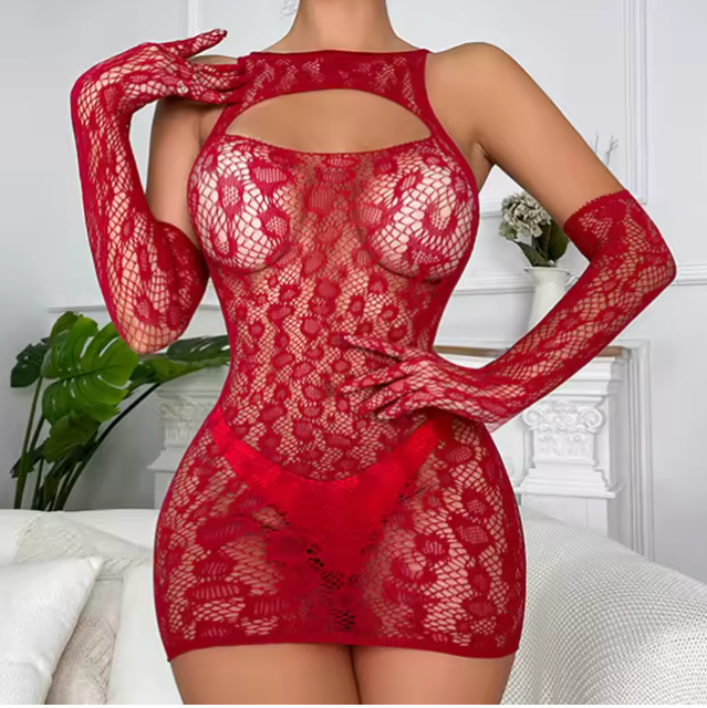 Woman wearing a red sheer lace lingerie dress with matching lace gloves
