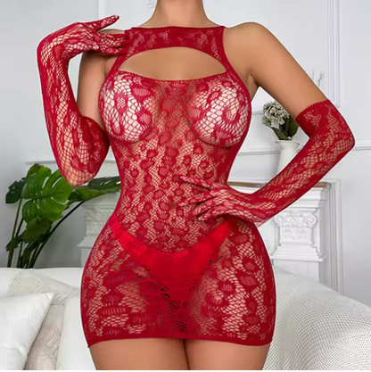 Woman wearing a red sheer lace lingerie dress with matching lace gloves